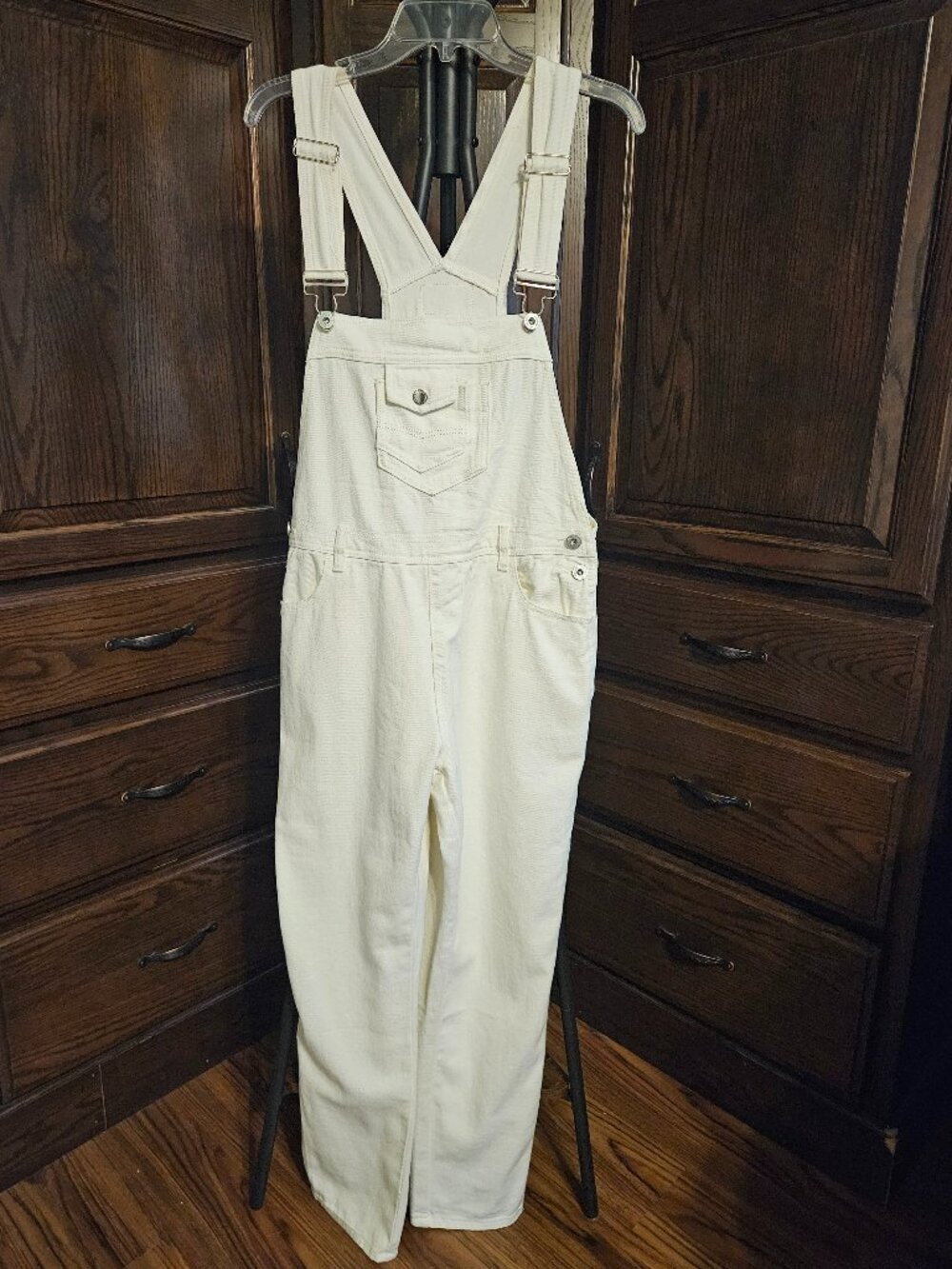 Anna-Kaci Cream Denim Overalls Size Medium Adjustable Straps